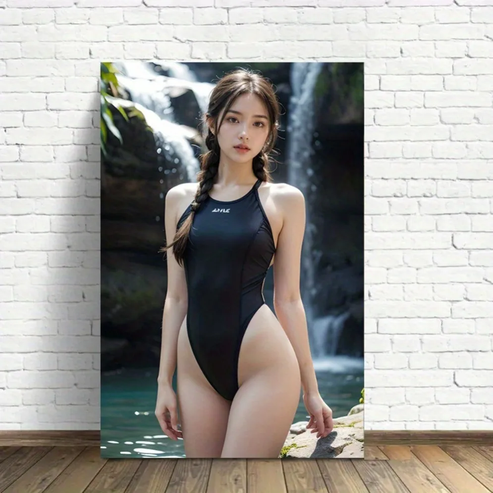 Woman in Black Swimsuit by Waterfall Metal Tin Sign Wall Decor