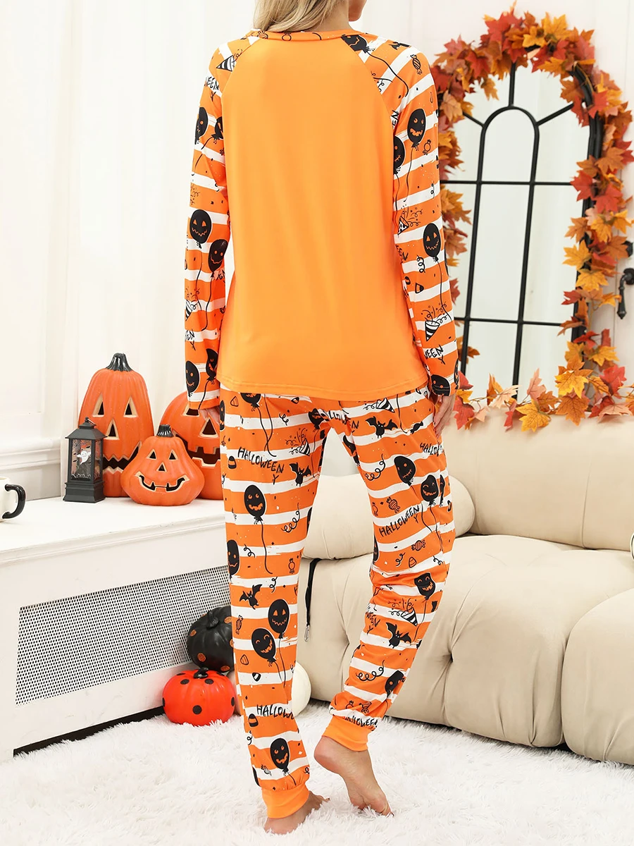 Women s Halloween Pajamas Set Ghost Pumpkin Print Long Sleeve Round Neck Tops with Elastic Waist Long Pants Loungewear