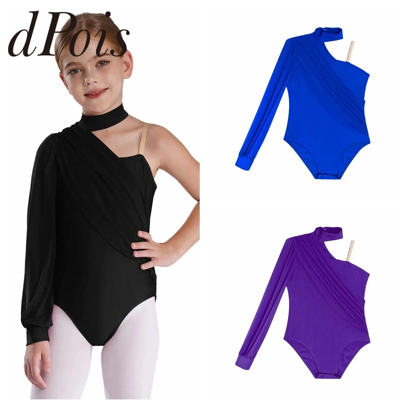 

Girls One Shoulder Ballet Dance Long Sleeve Gymnastics Jumpsuits Ruched Mesh Dancewear Figure Skating Bodysuit Gymnastic Leotard