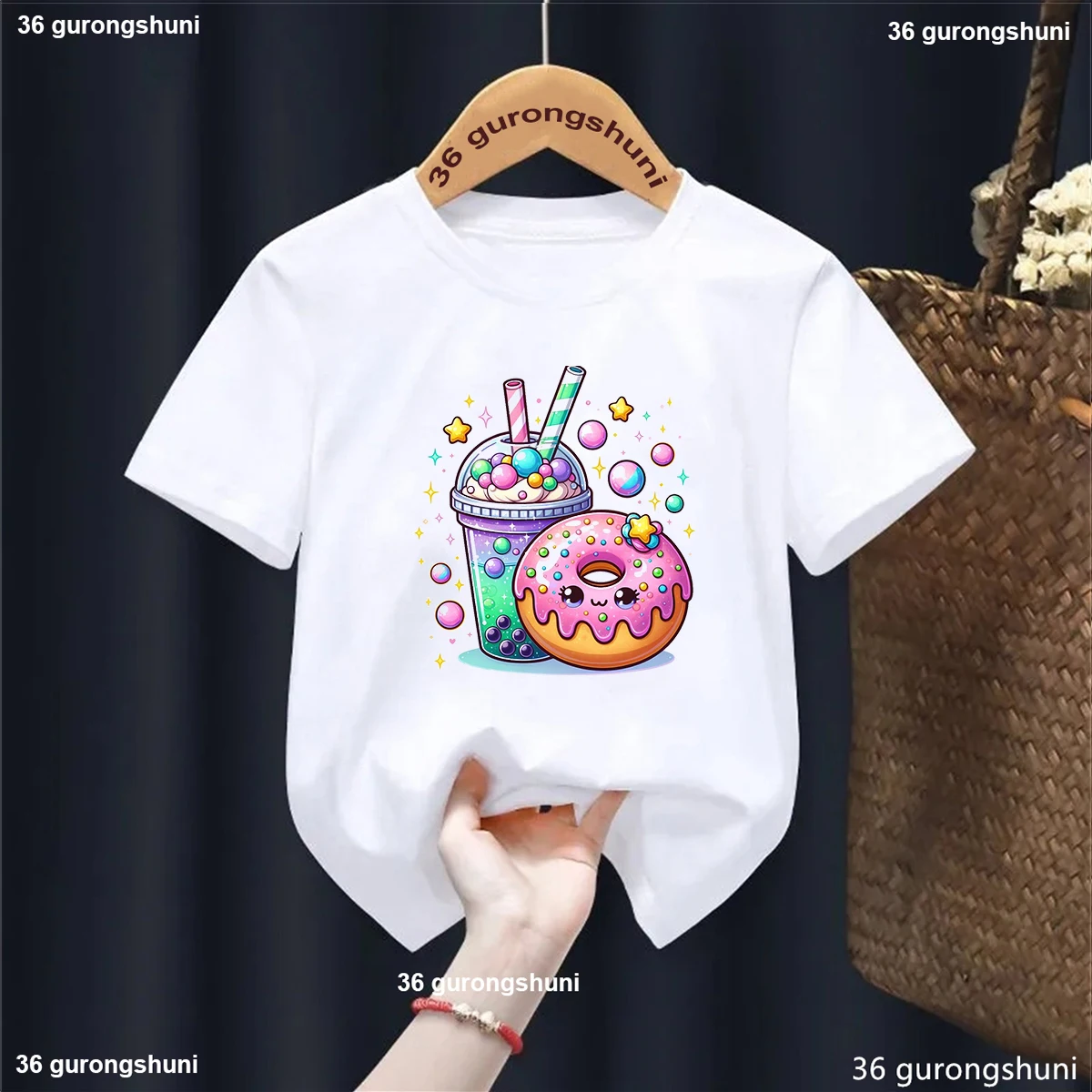 Watercolor Ice Cream Donut Milk Tea Printed Tshirt Girls/Boys Harajuku Kawaii Kids Clothes Solid Fashion T-Shirt Summer T-Shirt