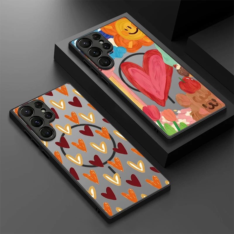 Love Hearts Pattern Magnetic phone Case For Samsung Galaxy S25 FE S26 S23 S24 Ultra S22 Plus S25 Edge For Magsafe Hard PC Cover
