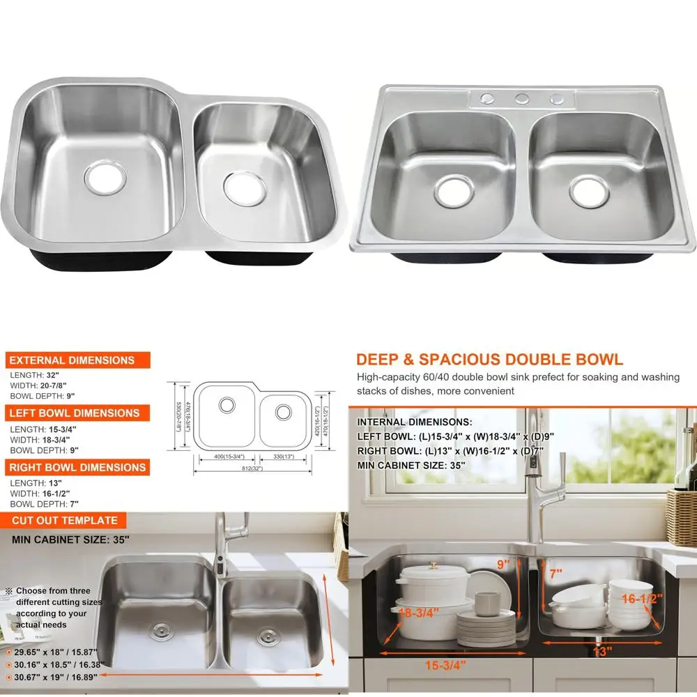 

Stainless Steel 32 Inch 60/40 Double Bowl Undermount Kitchen Sink with Curved Shape and Brushed Nickel Finish