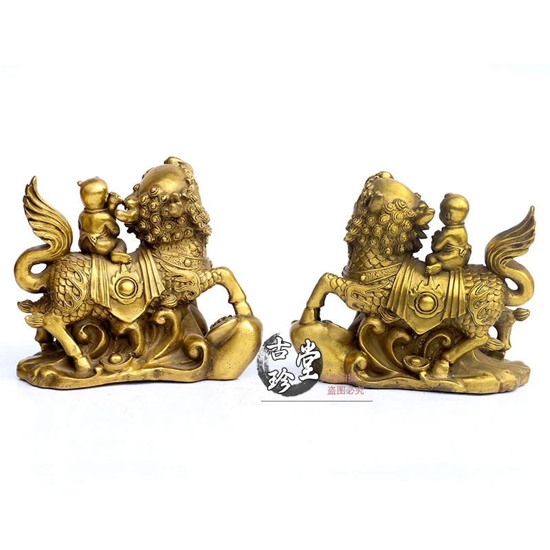 Copper Figurine Inscription: A Pair Of Golden Boys And Jade Girls Riding On Auspicious Clouds With A Kirin. Craft Gif