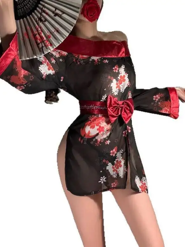 مثير خارج على الكتف ثوب الكيمونو الياباني نمط شفاف مفتوح رداء موحد مجموعة أسود أحمر مع Bowknot حزام الخصر فستان Casaul 8N50 #6