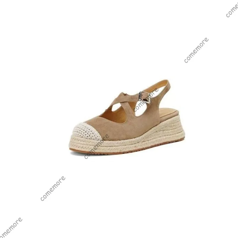 Comemore Platform Baotou Wedge Heel Pumps Spring Summer Flat Straw Botttom Suede Casual Mary Jane Shoes Round Head Heels Women view 5