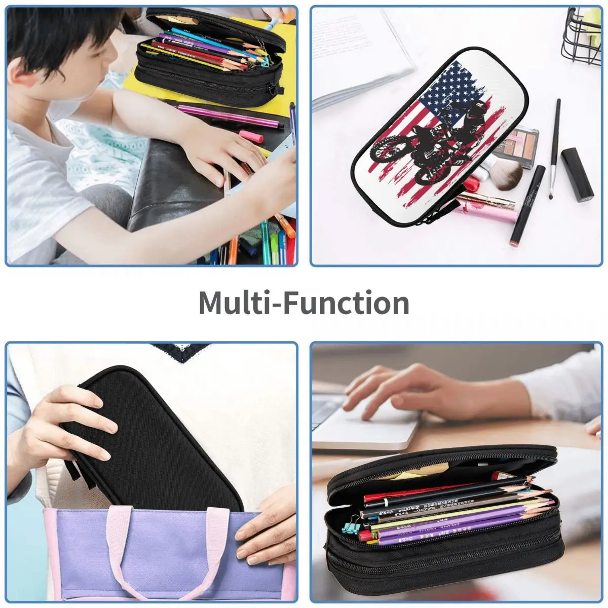 Dirt Bike Motocross USA American Flag Pencil Cases Big Capacity Pen Bags Pen Box Pencil Pouch For Boys Girls Stationery School