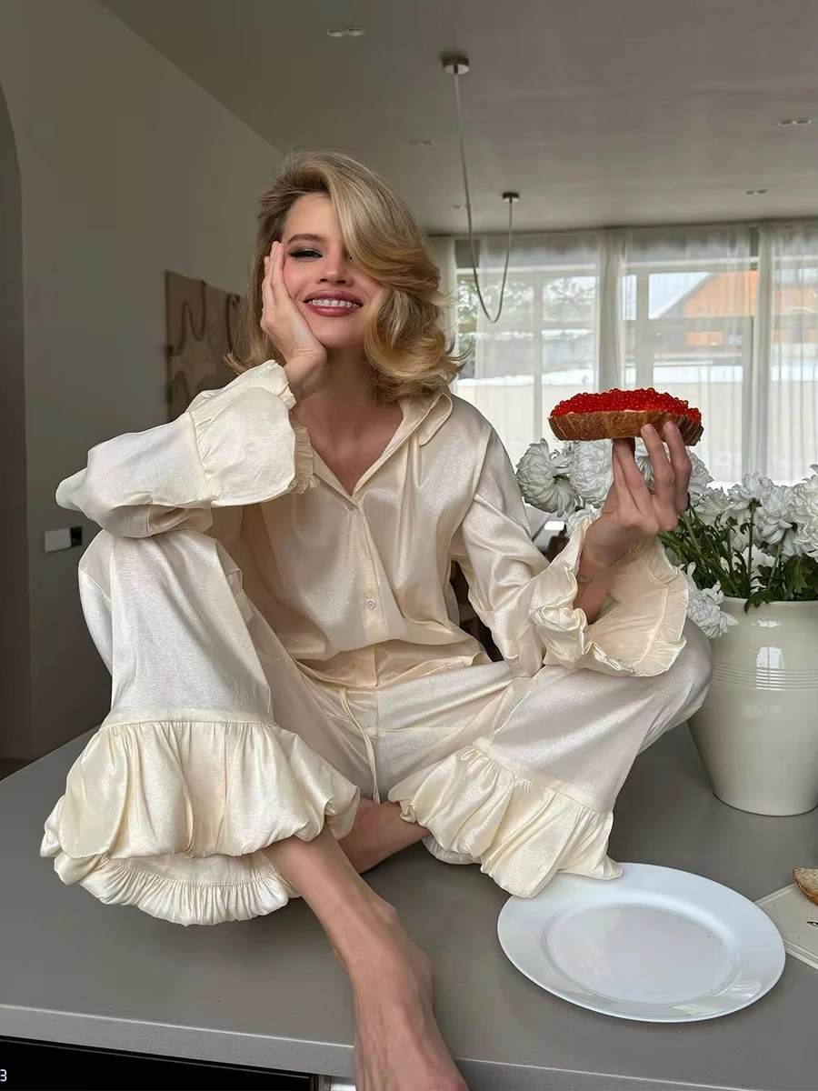 Lotus Leaf Cuff Long Sleeved Pajamas Set Winter New Cardigans Nightwear Pants Women's Loose Comfortable Home Clothing