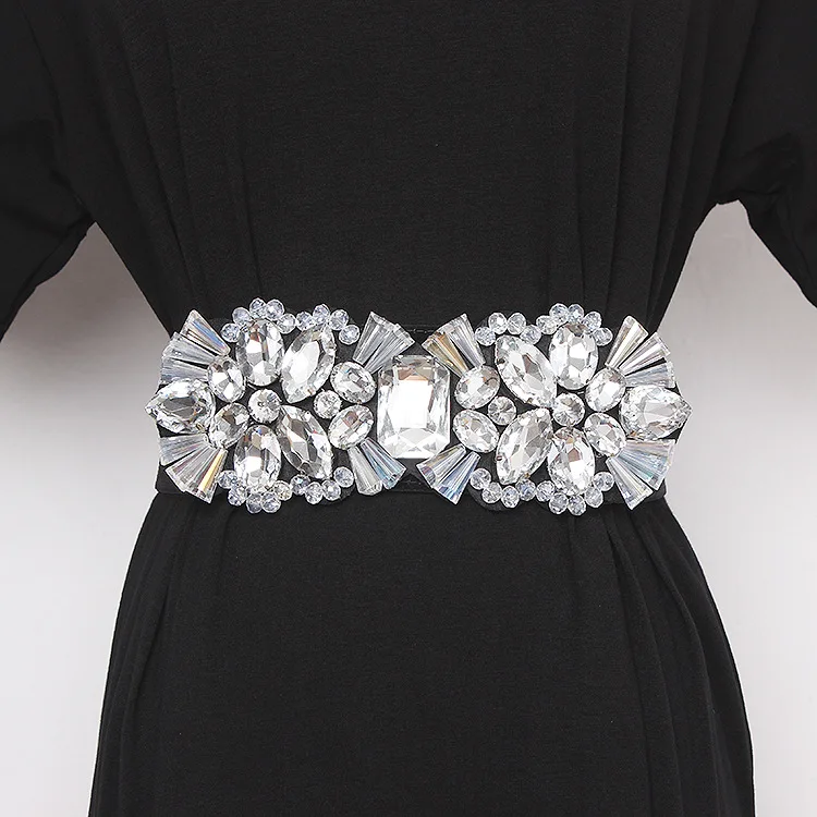 Women's Fashion Blingbling Rhinestone Inlaid Beaded Cummerbunds Female Dress Corsets Elastic Waistband Decoration Wide Belts