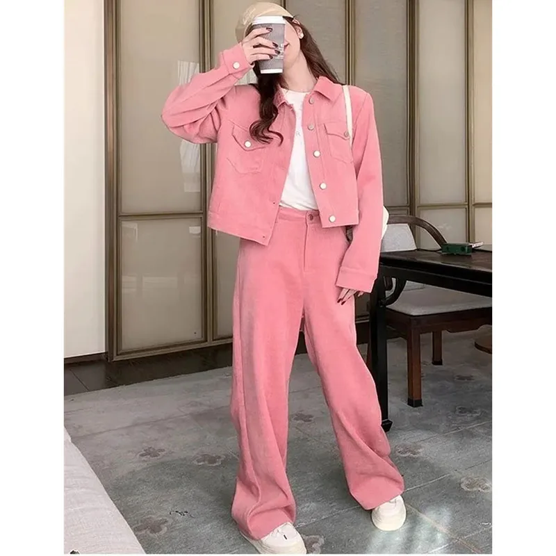 New Female Fashion Long Sleeved Pant Suit Women Spring And Autumn Loose Coat Wide Leg Pants Dopamine Ladies Pink Two Piece Set