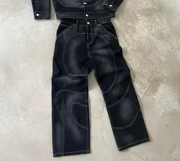 Jeans retrô bordados de cintura alta, soltos, finos, design de personalidade, estilo de rua alta, hip-hop, bordados, retos, pernas largas