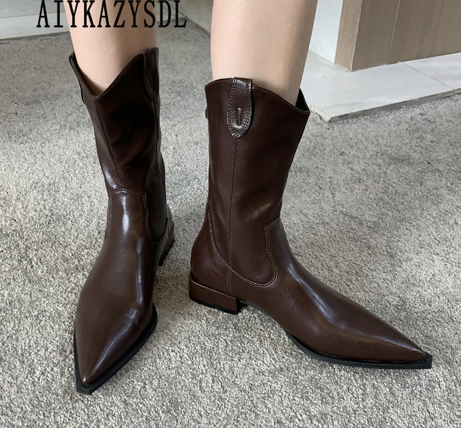 

AIYKAZYSDL 2025/осенние женские ботильоны в стиле ретро с острым носком, высокие сапоги до середины икры, ботинки Botas, рыцарские ботинки для верховой езды, кубики