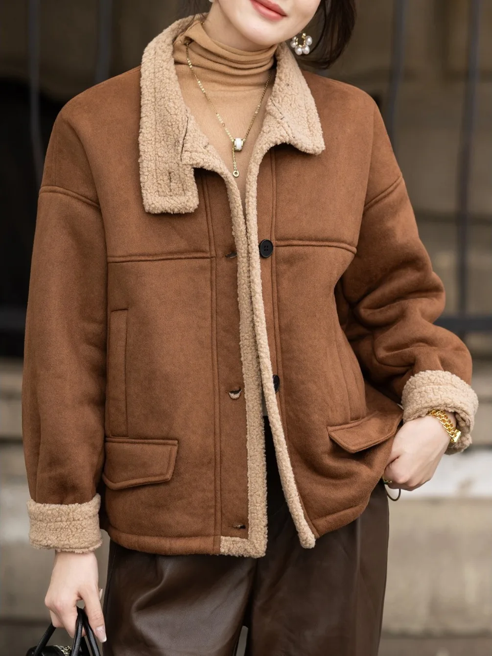 여성용 바이커 재킷 양털 안감 스탠드 칼라 스웨이드 겨울 패션 캐주얼 루즈핏 롱 코트