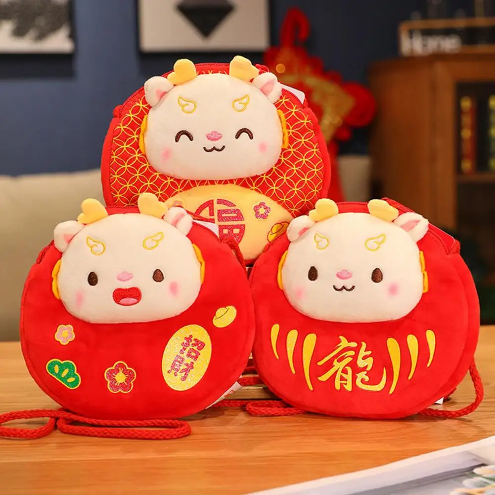 2024 Chinese New Year Kids Purse Cartoon Dragon Pattern Children Crossbody Bag Zipper Closure Stuffed Mascot Doll Purse Gift