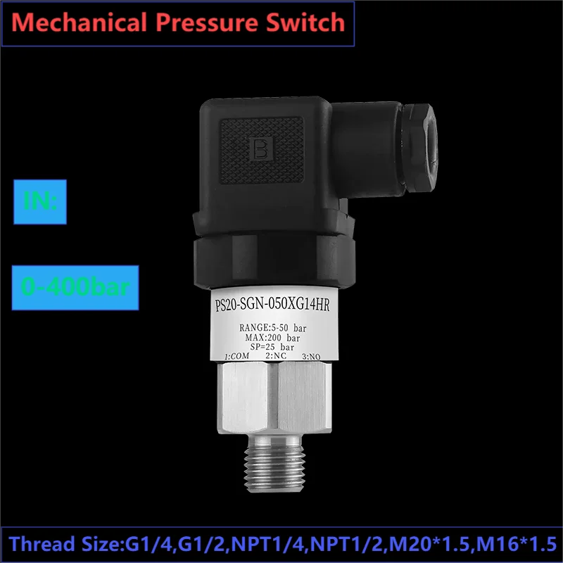 

Mechanical Pressure Switch 0.2-2.5bar 1-12bar 20-200bar Piston Type 5-50bar Water Pump Air Oil Pressure Control 10-100bar 40-400