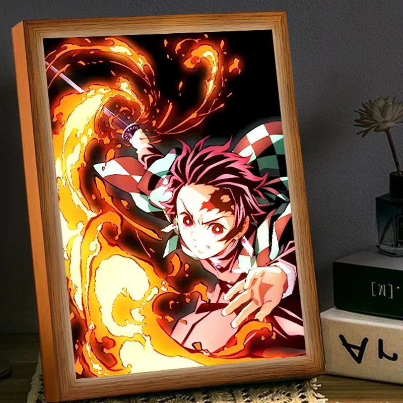 Light Painting Cartoon Anime Demon Slayer Blade Photo Frame Ornaments Desktop Night Lamp Atmosphere LED Bedroom Decor Kids Gifts