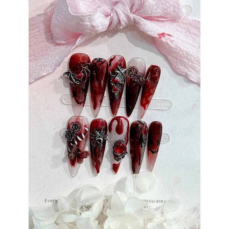 10pcs Handmade Nails Goth 10pcs Long Blood Red Cyber Style Handmade False Nails With Random Patterns And Jelly Glue Included