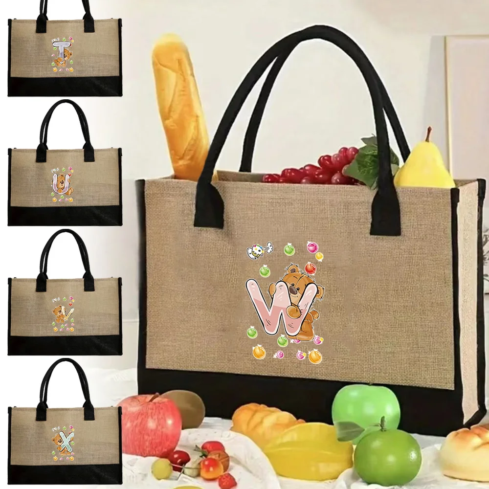 

Tote Handbag Commuting Bags Reusable Canvas Bag Vintage Jute Bags Bear Letter Pattern Simplicity Imitation Sacks Storage Bag