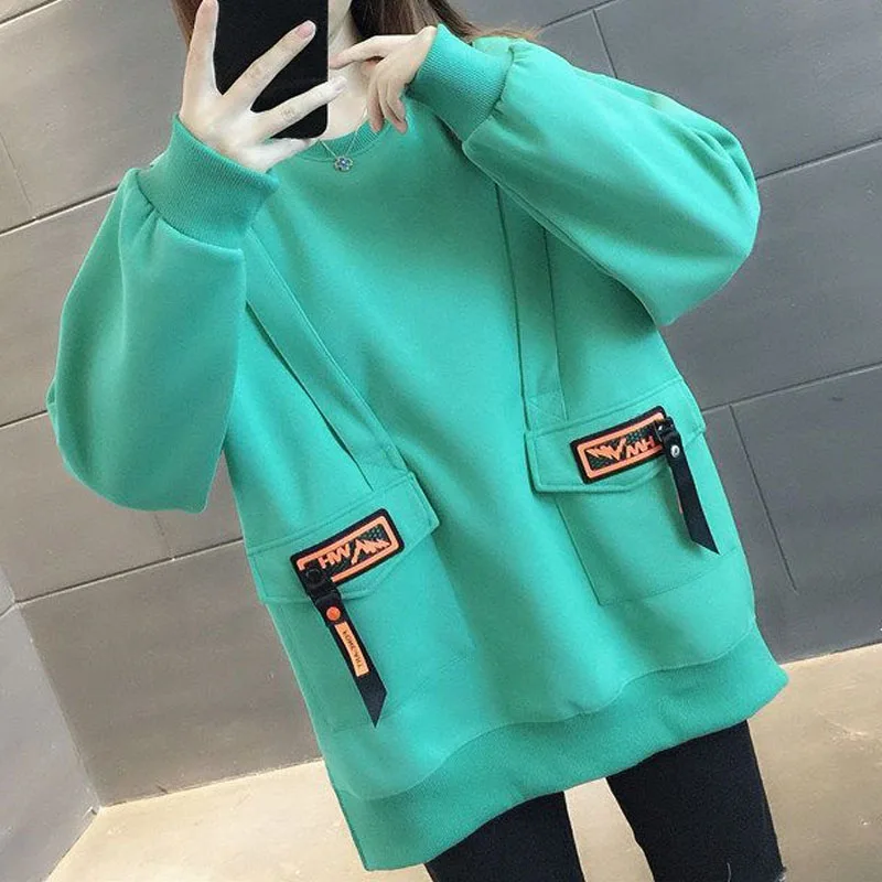 Sudaderas informales con bolsillos empalmados para mujer, jerséis de manga larga sueltos, Tops sólidos, ropa de otoño e invierno