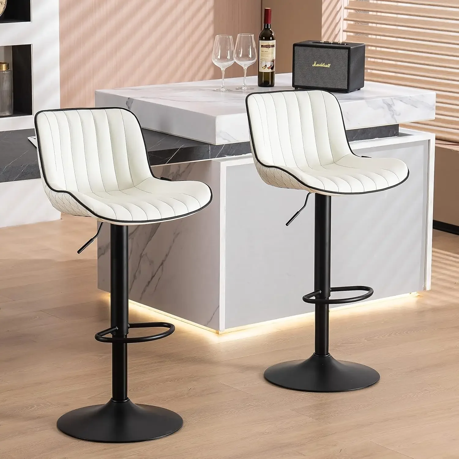 

YOUNUOKE White Upholstered Bar Stools Set of 2 Counter Height Modern Adjustable Swivel Bar Chairs with Backs Mid Century PU