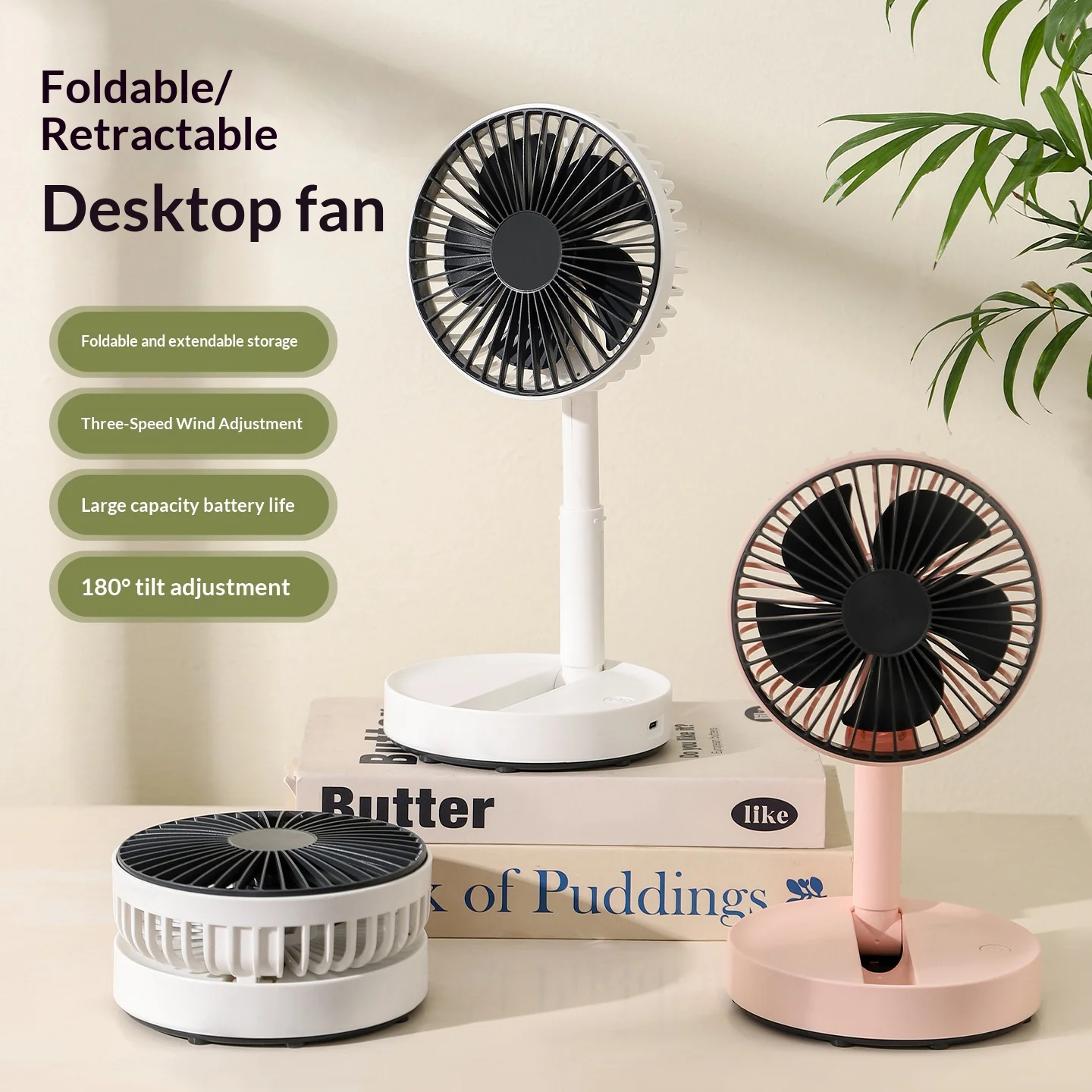 Ventilador de Mesa Mini Portátil Dobrável e Extensível de 5 Polegadas com Carregamento USB para Uso Externo, Dormitórios, Escritórios e Acampamentos - Ventilador de Mesa Compacto