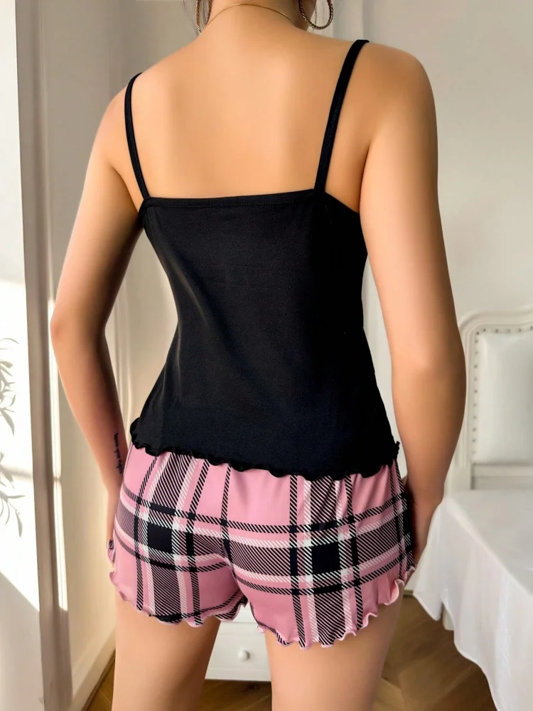 Casual Ladies' Heart Shaped Plaid Printed Cami Top And Shorts Pajama Set Nightclothes Luxury Home Clothe Loungewear Sleepwear