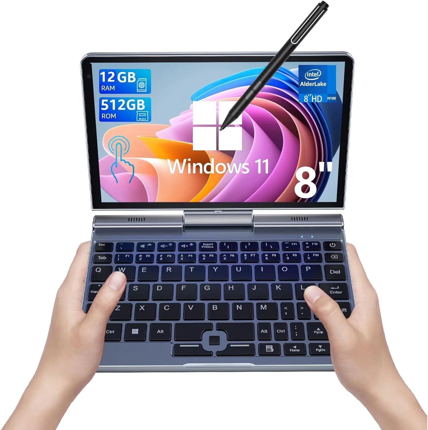 8 inch Portable Mini Laptop HD Touchscreen Intel N100 UHD Graphics Win11 pro Laptop for Business and journey