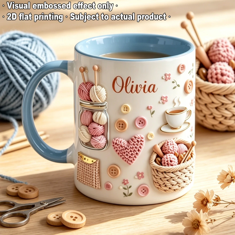 Personalized Custom Mug 11oz Custom Name Knitting Mug DIY Handmade Lover Memorial Cup Yarn Ball Knitting Element Design 2D Flat
