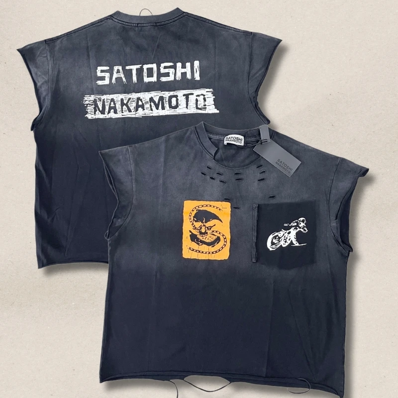 Vintage Distressed Washed Worn Black SATOSHI Sleeveless Tshirts Yellow Crack Print Fading Letter Waistcoat Men Women Tank Top