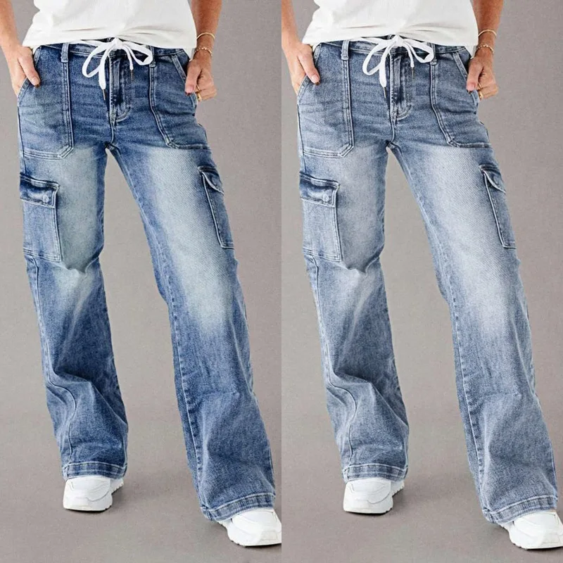 

Women's Loose Straight Leg Jeans Belted Casual Low Waist Cotton Denim Workwear Style Washed Finish Fashionable Autumn New Arr...
