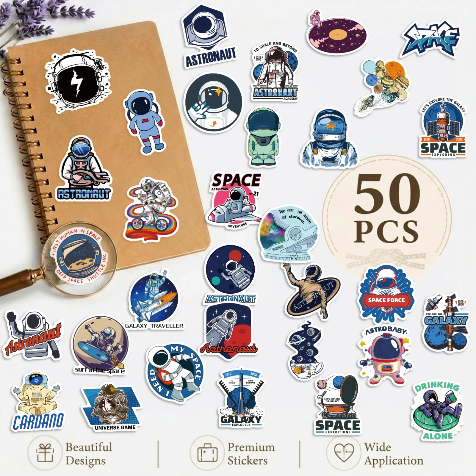 50Pcs Space Astronaut Planet Stickers, Waterproof Vinyl Universe Galaxy Decals for Water Bottle Laptop Luggage Scrapbook Journal