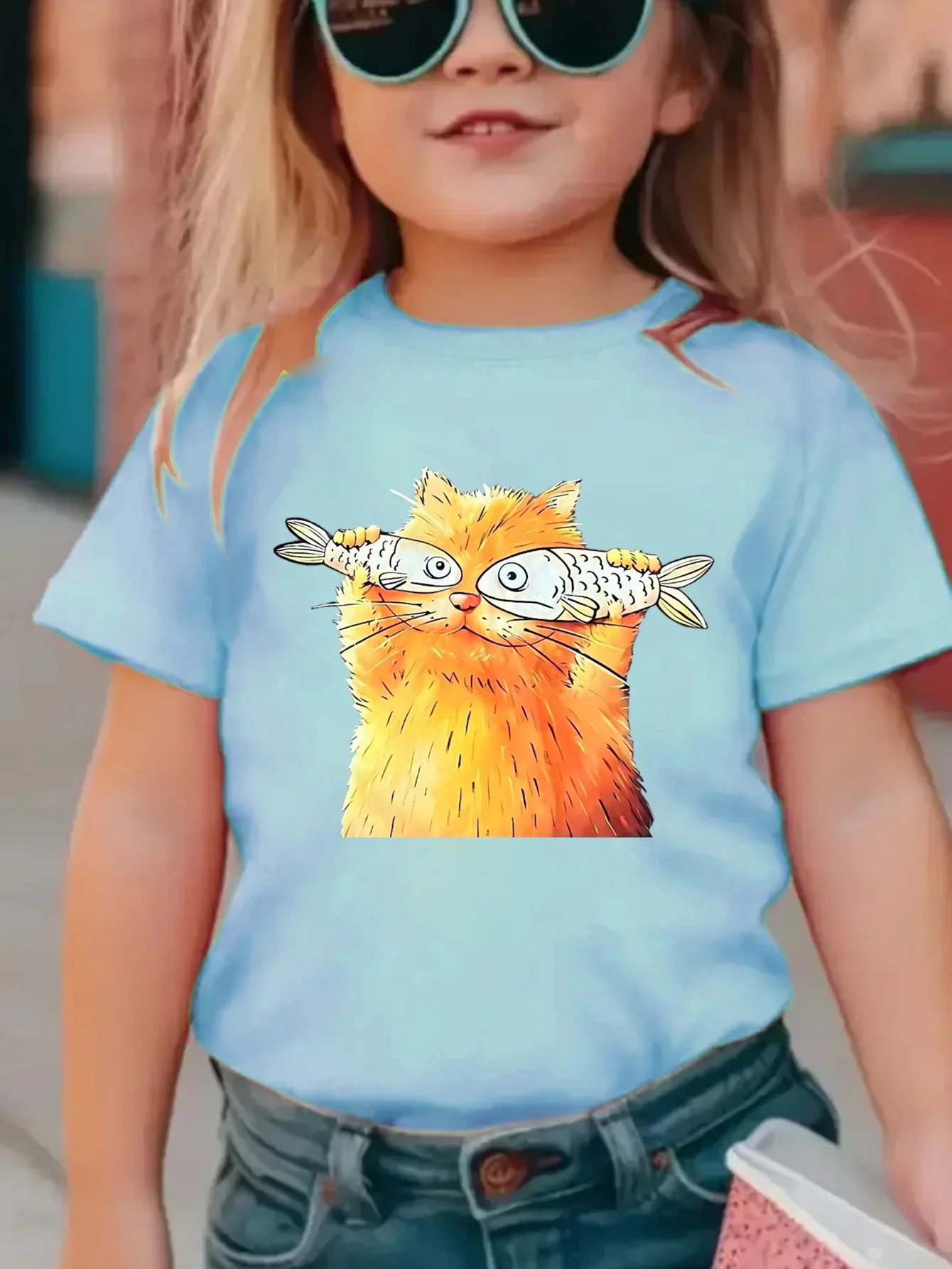 Boys Girls Cartoon Cat Fish Graphic T Shirt Short Sleeve Humorous Pet Pattern Children Daily Casual Tops