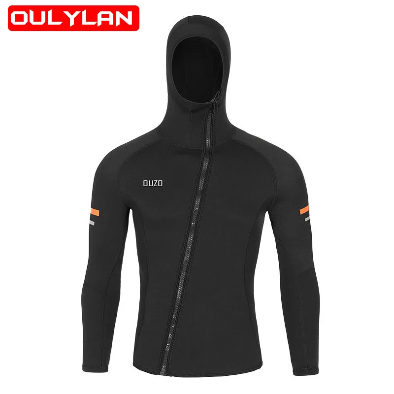 

Oulylan 1.5mm Neoprene Hooded Diving Jacket Mens Long Sleeve Diving Top Warm Patchwork Split Wetsuit Snorkeling Kayak Surfing