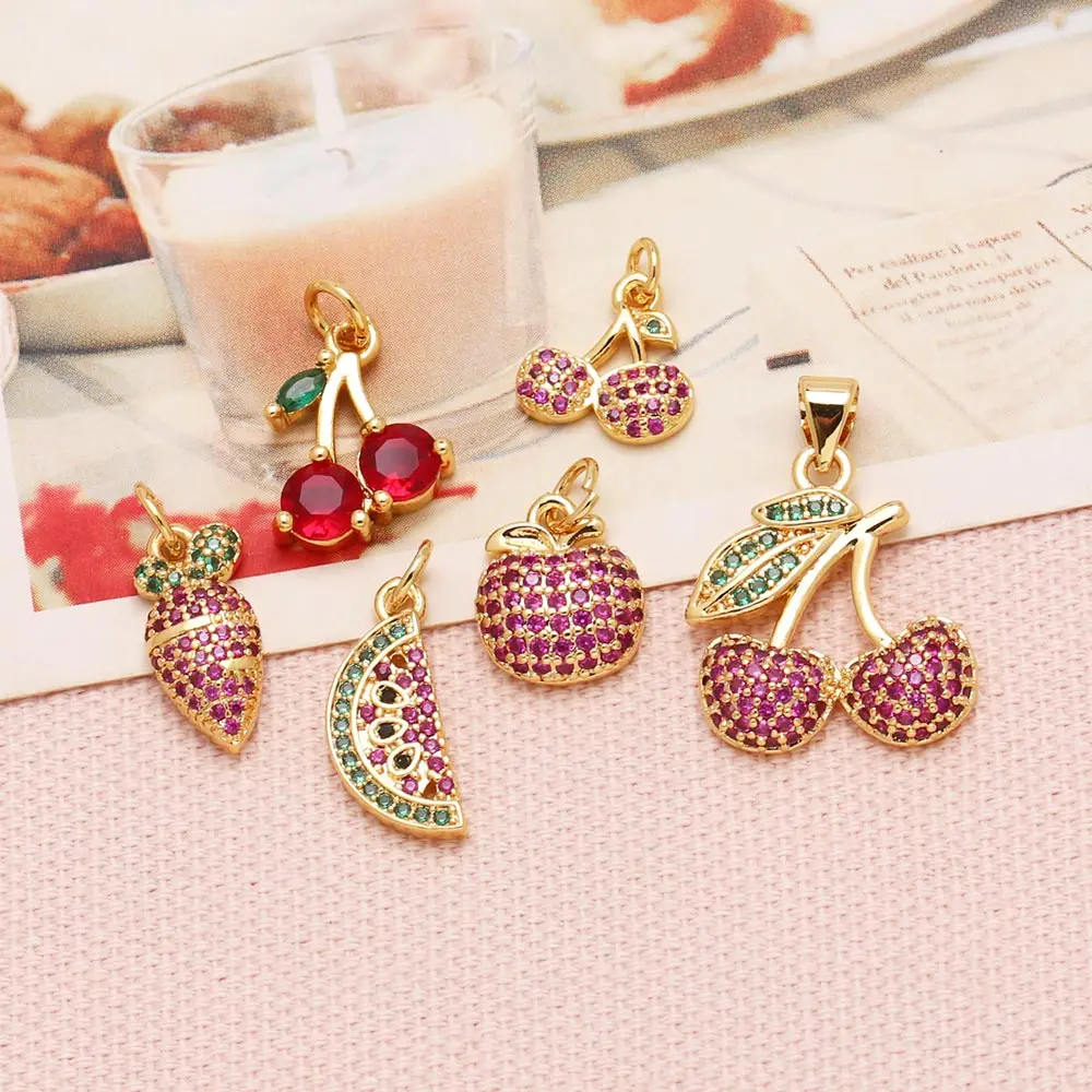 OCESRIO Fuchsia Crystal Cherry Fruit Charms for Bracelet Copper Gold Plated Watermelon Carrot Jewelry Making Accessories chma332