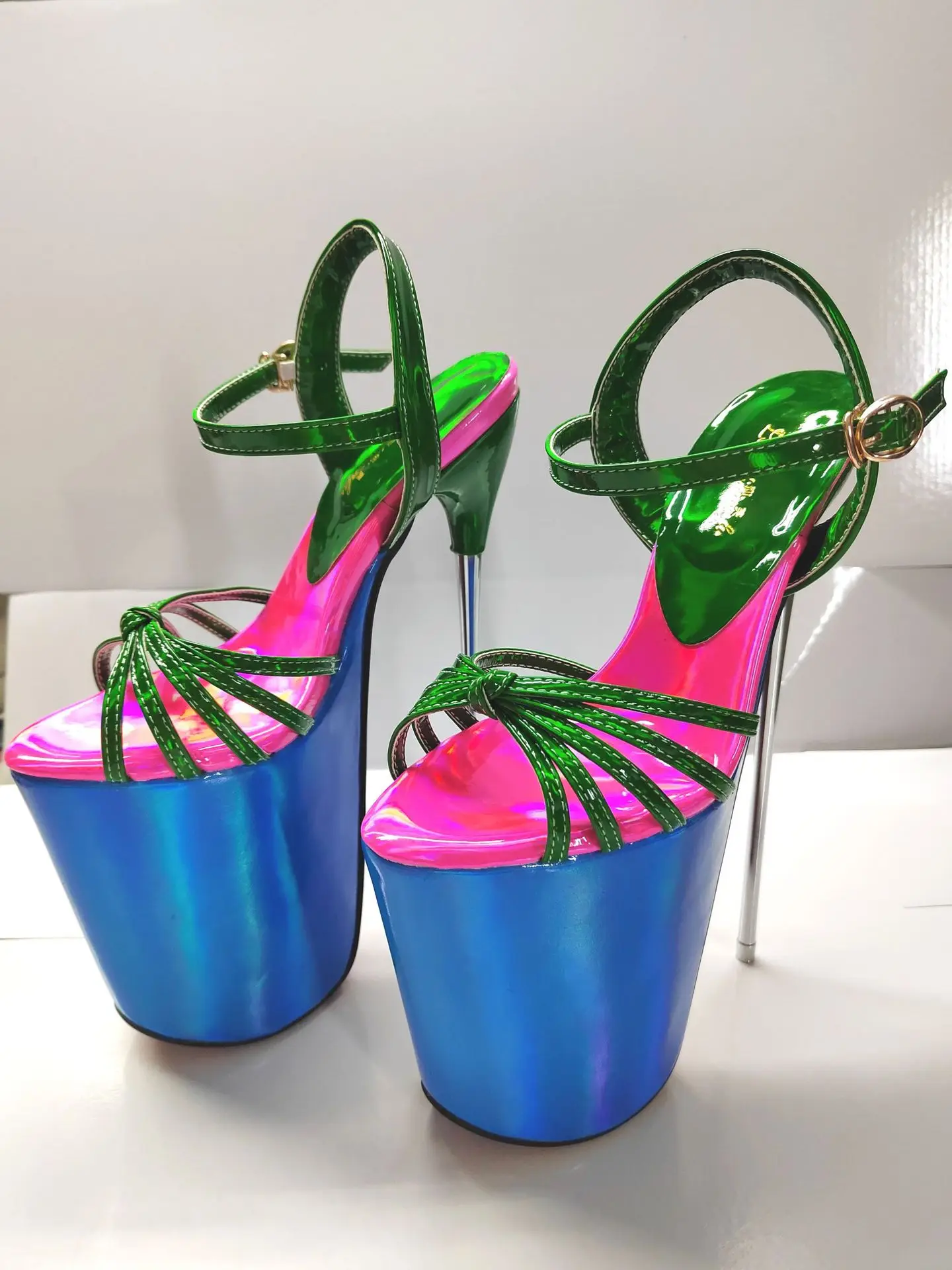 

Shiny Metallic Silver Deep Pink 19/22cm Platform Sandals Metal Thin High Heels Bow Woman Men Extreme Pole Dance Sandals Size 50