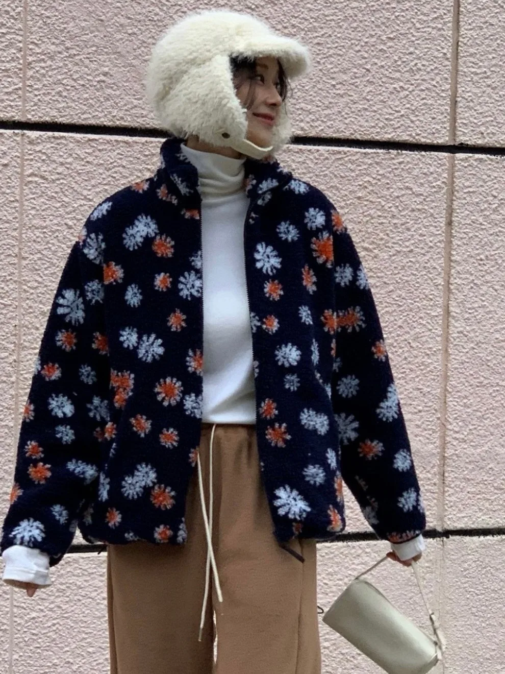 Korean Sle Lamb Velvet Lined Cotton Jaet Women's Winter Faionable Warm Top  Print Outerwear Loose Fit Zipper