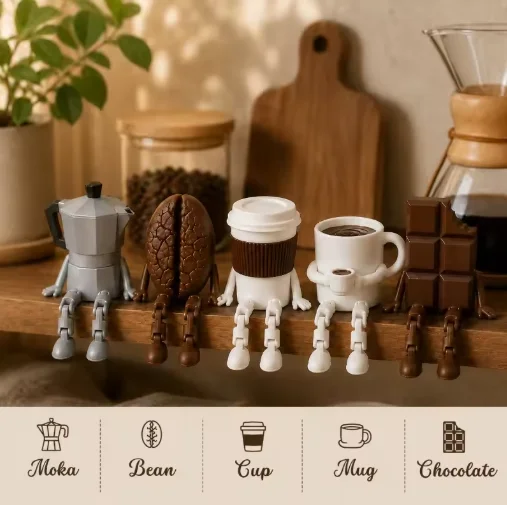 5pcs 3D Printed Coffee Corner Decor Articulated Moka Pot Coffee Bean Cup Mug Chocolate Figures, Coffee Station Shelf Decor, Gift