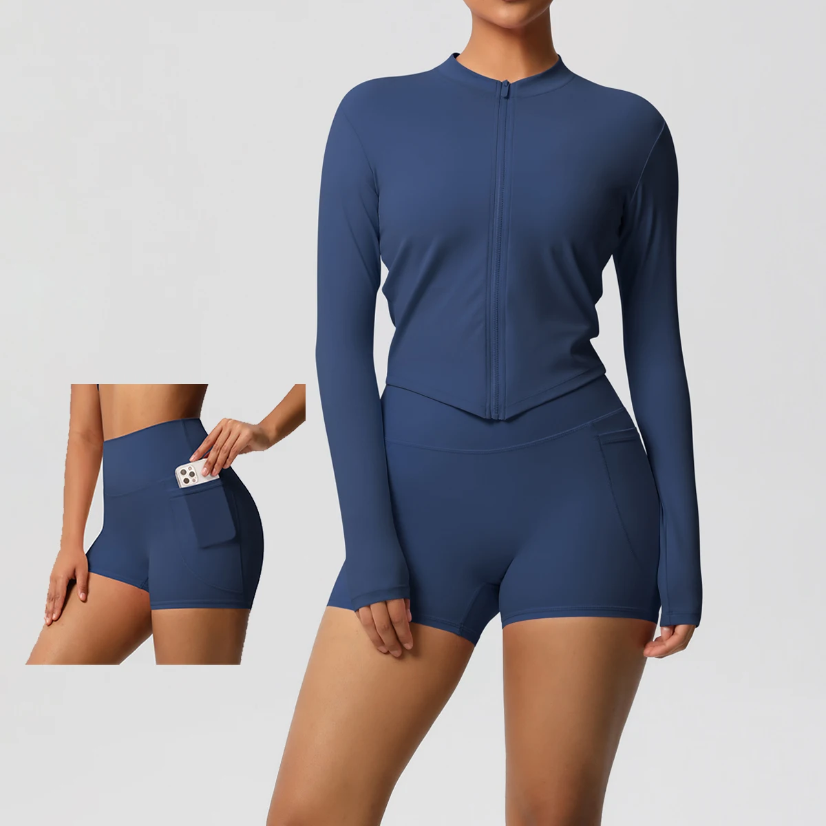 

Комплекты для йоги с карманами, спортивные шорты для фитнеса, подтяжки бедер, плотная куртка на молнии, костюм для йоги, шорты для бега, тренажерного зала, спортивные костюмы, спортивные костюмы