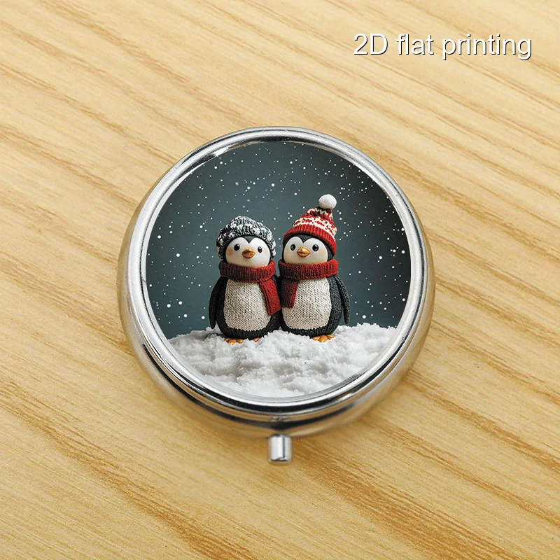 Winter Penguin 7-Pattern Round Box, Comprehensive Metal Box, 3-Layer Storage Metal Box, Mini Portable Box for Outdoor Activities or as a Bag Accessory, Multi-Layer Sorting Box Suitable for Home Travel, Birthday Gifts, Christmas Gifts, or as a Collection Box, with Printed Patterns That May Vary