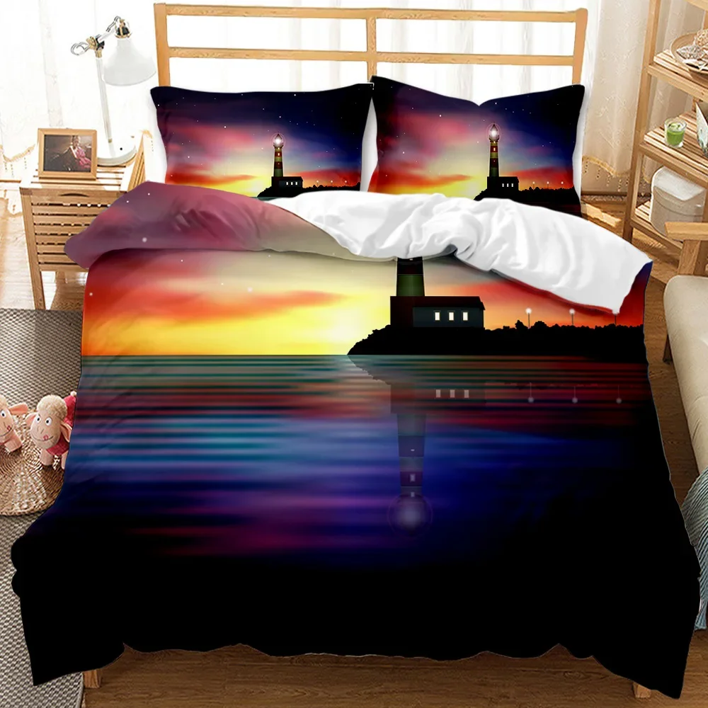 Lighthouse Duvet Cover Ocean Comforter Cover Nautical Quilt Cover Sunset Nature Double Queen King Size Polyester Bedding Set