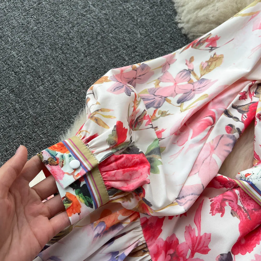 Vestido largo con estampado de flores para mujer, prenda elegante con cuello redondo, manga larga abullonada y cinturón, ideal para fiesta de vacaciones, Primavera, 2023