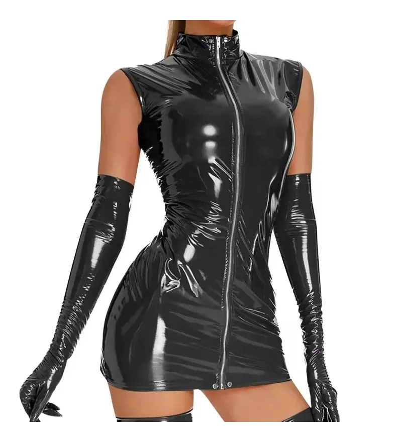 Damen-Kleid aus glänzendem Leder, ärmellos, glänzendes Latex, figurbetont, formend, Tasche, Hüfte, Minirock, Porno-Reißverschluss, offene Brust, freiliegend
