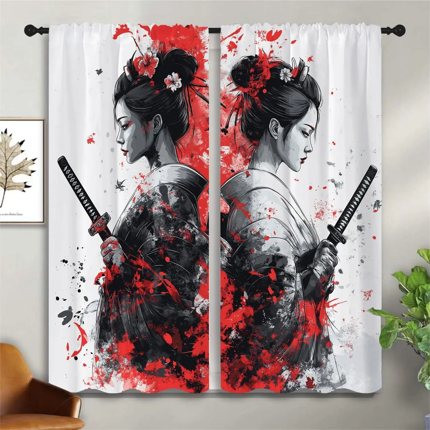 2pcs Japanese Style Window Curtains Geisha Samurai and Pagoda Drapes Anime Aesthetic Room Decor for Bedroom Living Room