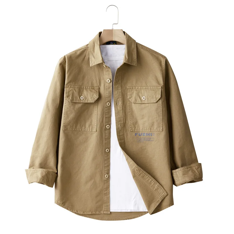 

2026 Spring/Summer New Men's Utility Casual Shirt - Loose Collar, Simple Long Washed Cotton Sleeve Shirt Asian size