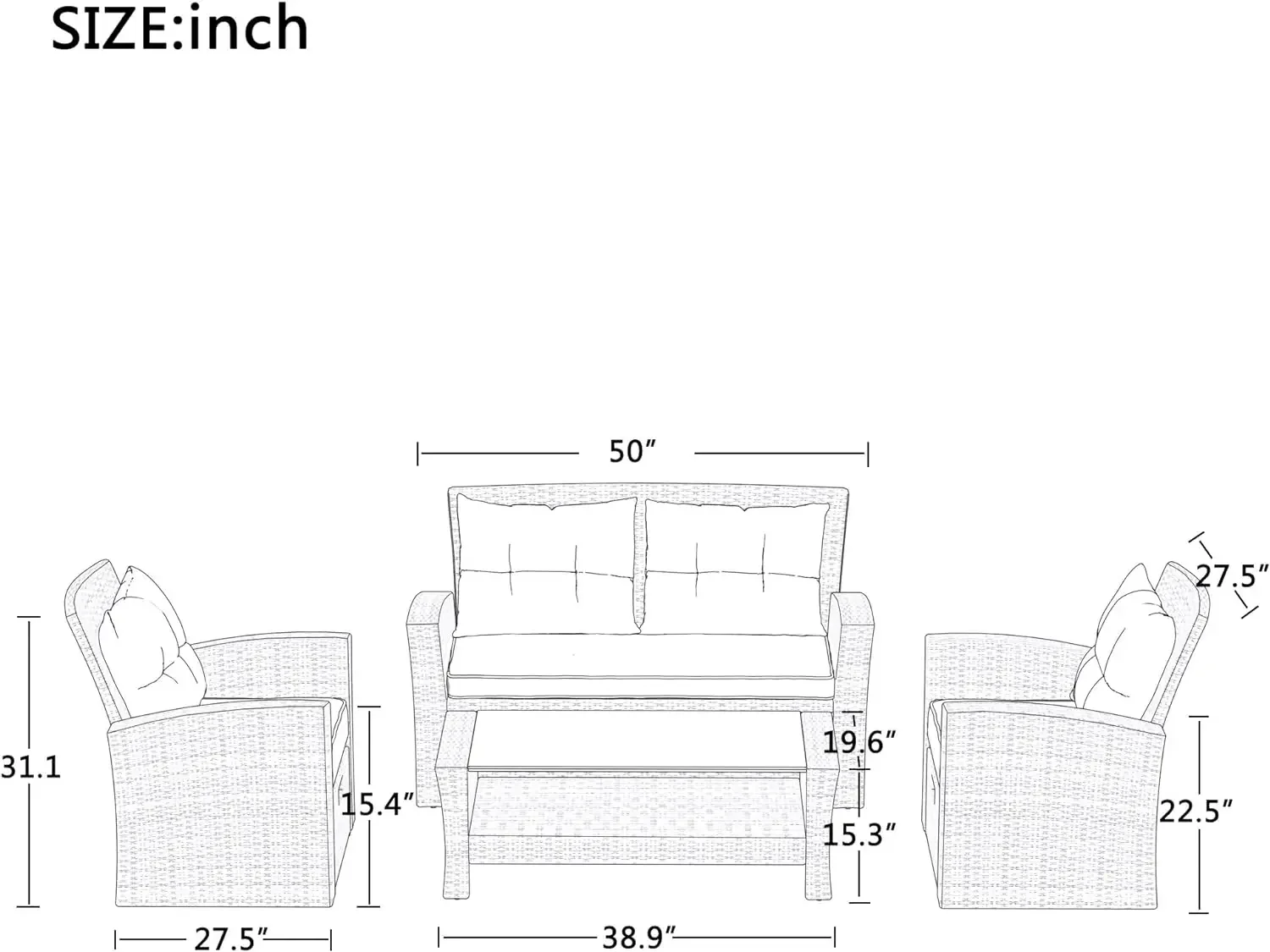 4-teilige Terrassenmöbel-Sets für den Außenbereich, Allwetter-Sofagarnitur aus Korbgeflecht mit Ottomane, weiche Kissen und Glastisch mit Regal