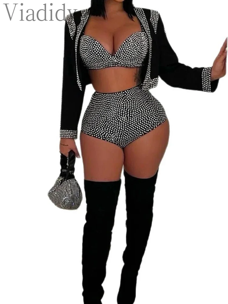 

3 Pieces Set Outfits Long Sleeve Coat Crop Top and Shorts Set