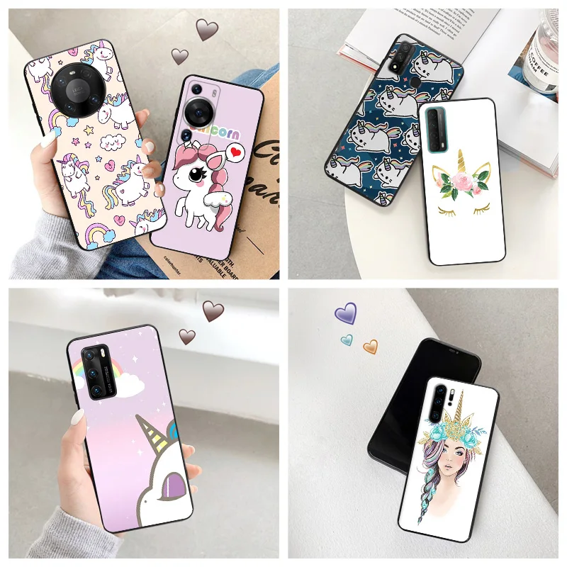 Silicone Black Phone Case for Motorola G200 5G G30 G31 One Fusion Rainbow Kawaii Unicorn Huawei P40 P30 P20 PSmart iphone6 Cover