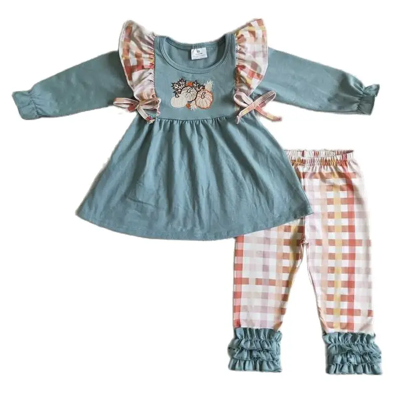 

Girls Autumn Embroidered Pumpkin Blue Long Sleeve Trouser Set