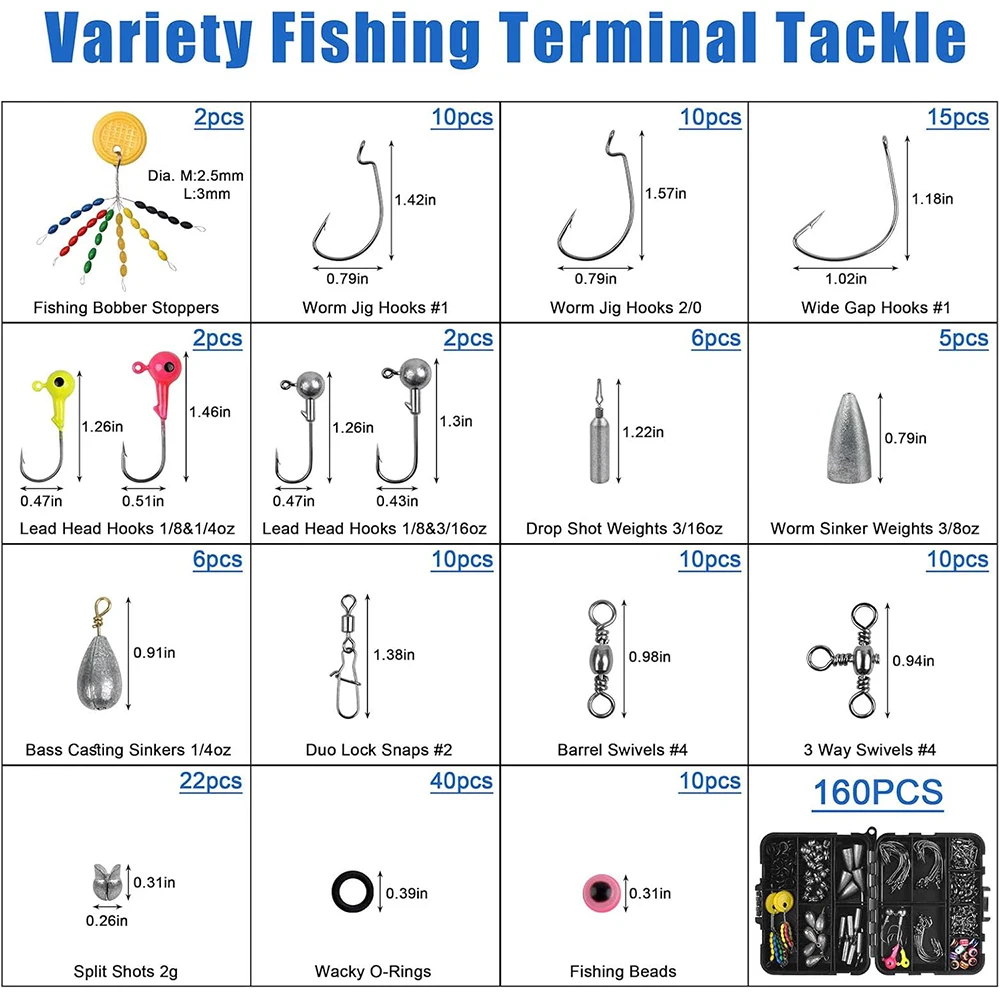 160 Uds accesorios de pesca Kit de aparejos incluidos anzuelos de pesca Bobbers giratorios peso de plomo equipo de pesca para lubina trucha - imagen 2