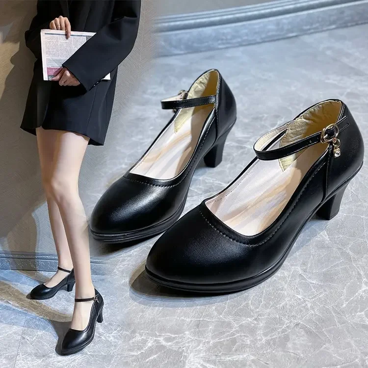 2023 New Women Dress Shoes Medium Heels Mary Janes Shoes Patent Leather Pumps Ankle Strap Ladies Shoe Office Zapatos Mujer