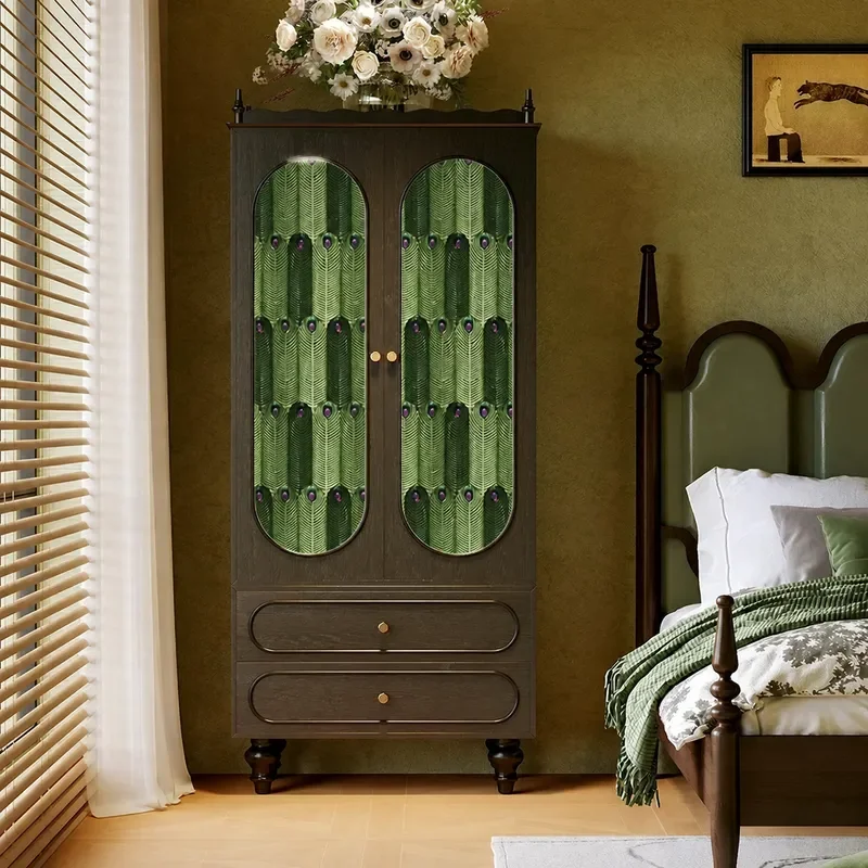 Medieval Green Flower Solid Wood Wardrobe 6 Drawer Storage Cabinet for Living Room Entrance Household Organizer